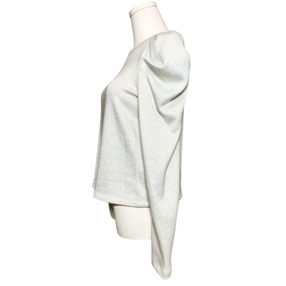 CeCe Silver Sparkle Off White Puff Sleeve Sweater Medium Holiday - Picture 2 of 6